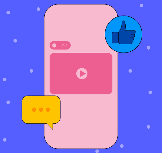 Illustration of a smartphone overlaid with a video player screen, text box, and a thumb’s up icon