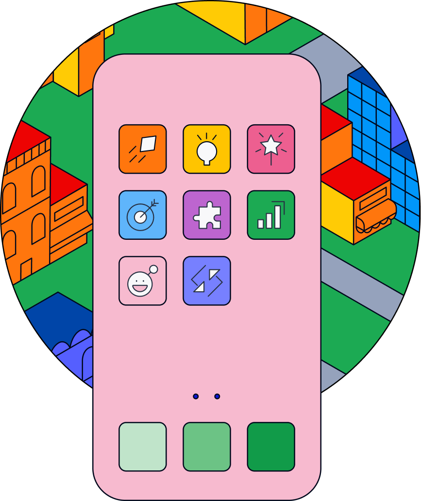 Illustration of a smartphone screen displaying icons that represent Liftoff’s product offerings