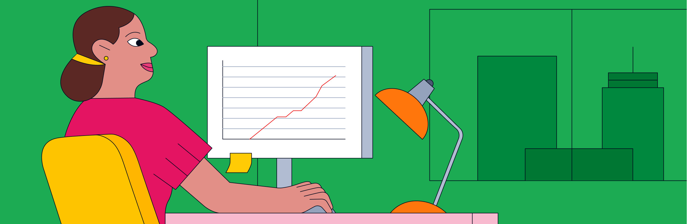 Illustration of a woman working at a desktop computer whose monitor displays a chart depicting an upward trend